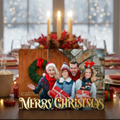 Merry Christmas Retro Script | Custom Four-Photo  Folie Feestdagenkaart