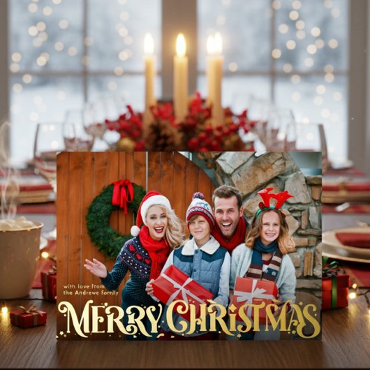Merry Christmas Retro Script | Custom Four-Photo Folie Feestdagenkaart