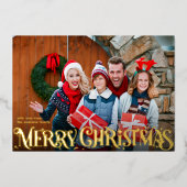 Merry Christmas Retro Script | Custom Four-Photo  Folie Feestdagenkaart (Voorkant)