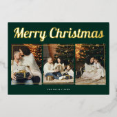 Merry Christmas Retro Script Foto Groen Folie Feestdagenkaart (Voorkant)
