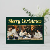Merry Christmas Retro Script Foto Groen Folie Feestdagenkaart (Staand Voorkant)