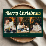 Merry Christmas Retro Script Foto Groen Folie Feestdagenkaart<br><div class="desc">Vier het seizoen met onze gepersonaliseerde kerstkaart. De voorkant toont het retro script kop 'Merry Christmas' boven drie gekoesterde foto's. Voeg op de achterkant nog vier foto's en een gepersonaliseerde boodschap toe voor een warme touch.</div>