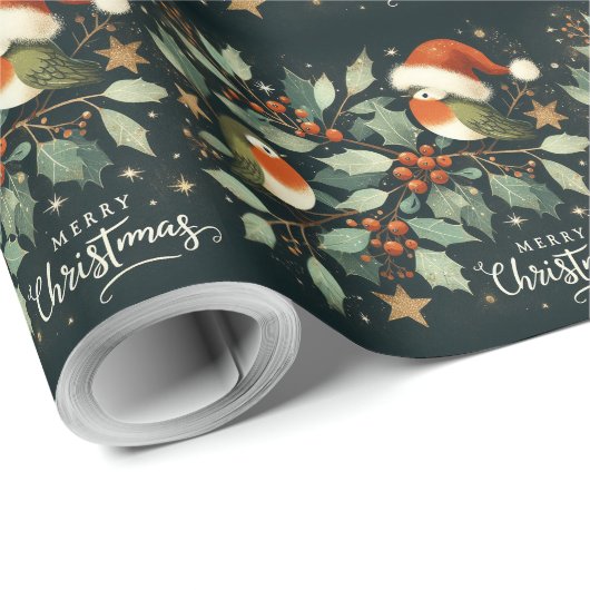 Merry Christmas Robin Mistletoe Krans Cadeaupapier (Rol Hoek)