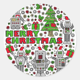 Merry Christmas Robots Ronde Sticker