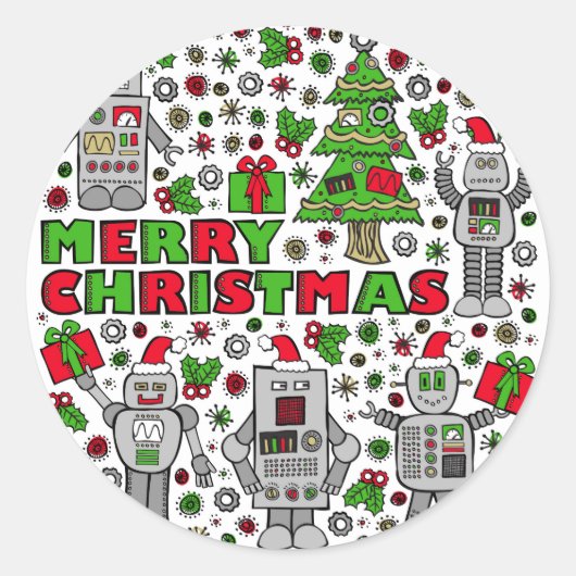 Merry Christmas Robots Ronde Sticker (Voorkant)