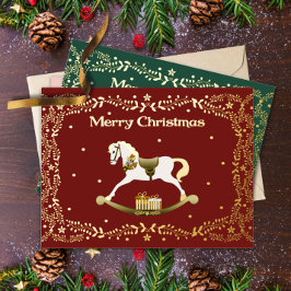 Merry Christmas Rocking Horse Gold Foil Postcard Folie Feestdagen Briefkaart