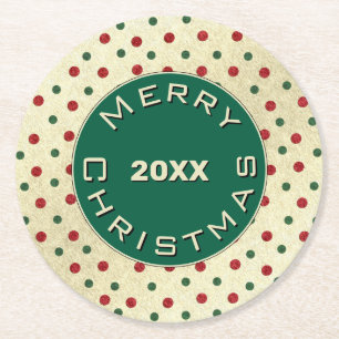Merry Christmas Rood Groen Retro Stippen Patroon Ronde Kartonnen Onderzetter