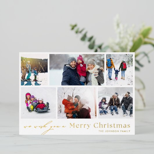 MERRY CHRISTMAS rood wit goud 12 Foto Collage Folie Feestdagenkaart (Staand Voorkant)