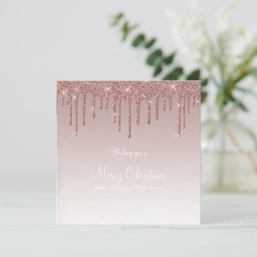 Merry Christmas Roos Gold Drip Glam Meisje Feestdagenkaart (Staand voorkant)