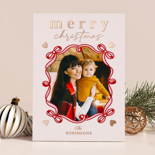 Merry Christmas Roos Gold Folie Ribbon Bow Foto Feestdagenkaart
