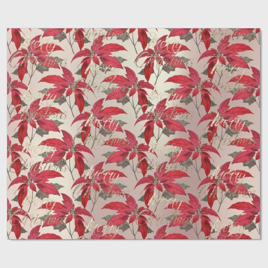 Merry Christmas Roos Goud Glitter Script Red Flora Cadeaupapier (Vlak)