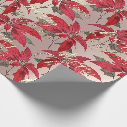 Merry Christmas Roos Goud Glitter Script Red Flora Cadeaupapier (Hoek)