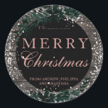 Merry Christmas roos gouden houten groene bladsnee Ronde Sticker<br><div class="desc">Merry Christmas roos Gouden typografie Bloemen rustiek bruin hout groen blad en witte sneeuw</div>