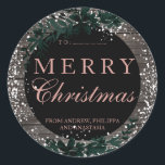 Merry Christmas roos gouden houten groene bladsnee Ronde Sticker<br><div class="desc">Merry Christmas roos Gouden typografie Bloemen rustiek bruin hout groen blad en witte sneeuw</div>