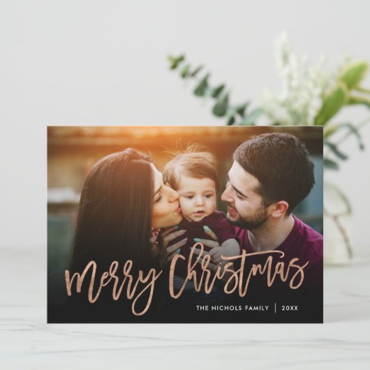 Merry Christmas Rose Gold Script Photo Overlay Feestdagenkaart (Staand voorkant)