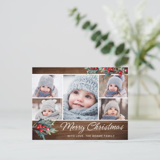 Merry Christmas Rustic 5 PHOTO Collage Greeting Briefkaart (Staand voorkant)