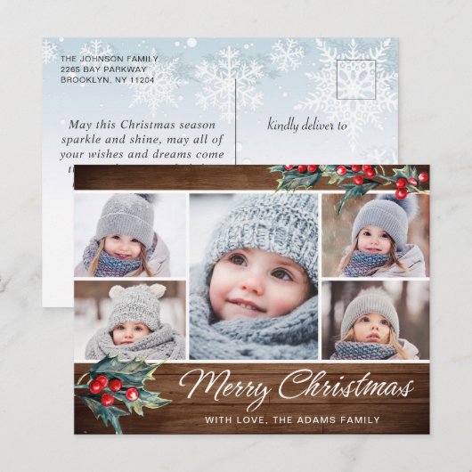 Merry Christmas Rustic 5 PHOTO Collage Greeting Briefkaart (Voorkant / Achterkant)