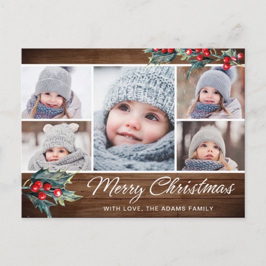 Merry Christmas Rustic 5 PHOTO Collage Greeting Briefkaart (Voorkant)