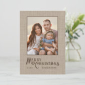 Merry Christmas Rustic Country Burlap Print Foto Feestdagenkaart (Staand voorkant)