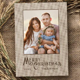 Merry Christmas Rustic Country Burlap Print Foto Feestdagenkaart