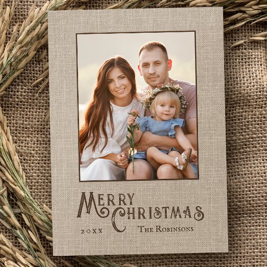Merry Christmas Rustic Country Burlap Print Foto Feestdagenkaart