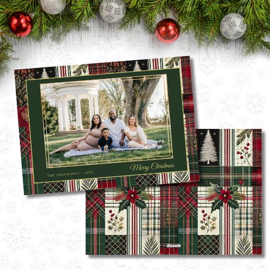 Merry Christmas Rustic Plaid Custom Photo  Feestdagenkaart