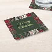 Merry Christmas Rustic Plaid Pattern Kartonnen Onderzetters (Schuin)
