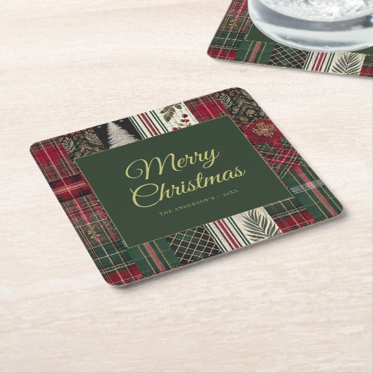 Merry Christmas Rustic Plaid Pattern Kartonnen Onderzetters (Schuin)