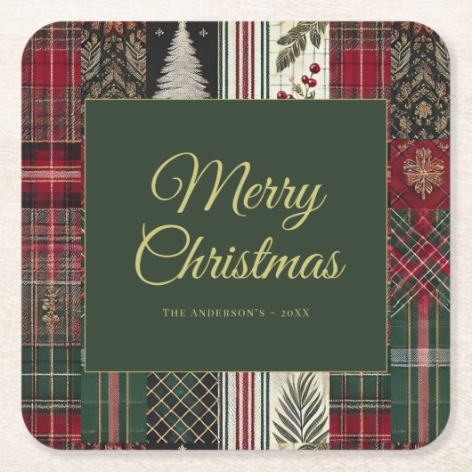 Merry Christmas Rustic Plaid Pattern Kartonnen Onderzetters (Voorkant)