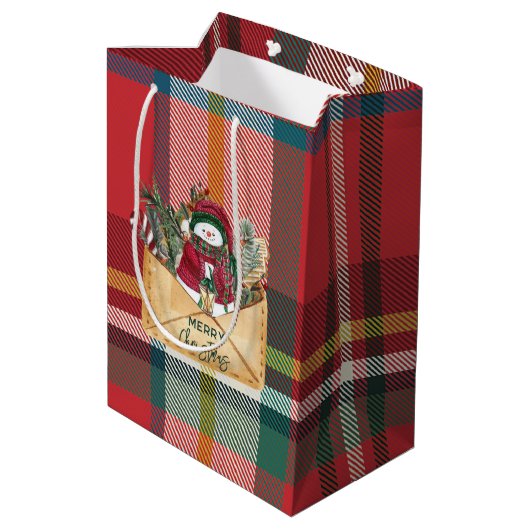 Merry Christmas Rustic Plaid Red and Green Medium Cadeauzakje (Achterkant Gekanteld)