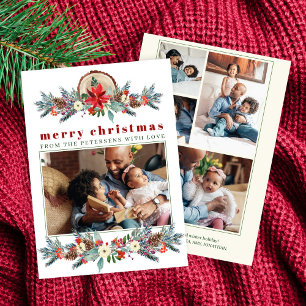 Merry Christmas rustic red floral familiy colly Feestdagenkaart