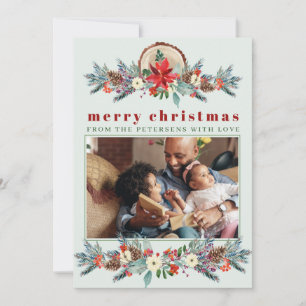 Merry Christmas rustic red floral familiy colly Feestdagenkaart