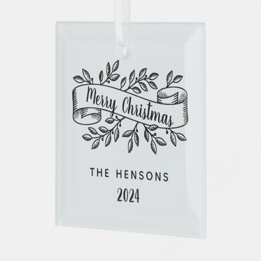 Merry Christmas Rustic Ribbon familienaam Glas Ornament (Voorkant links)