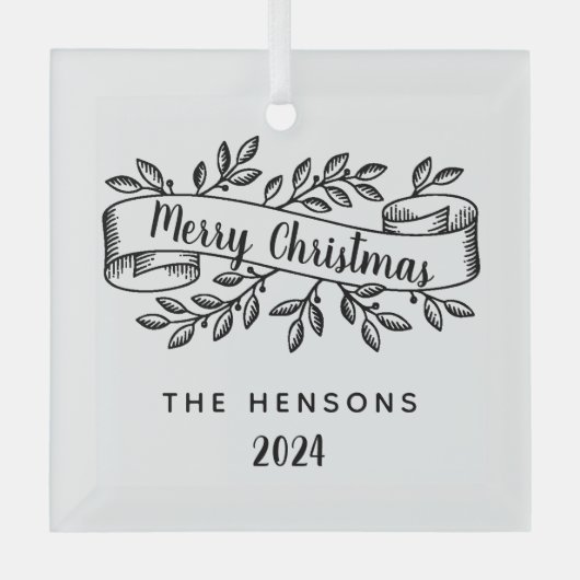 Merry Christmas Rustic Ribbon familienaam Glas Ornament (Voorkant)