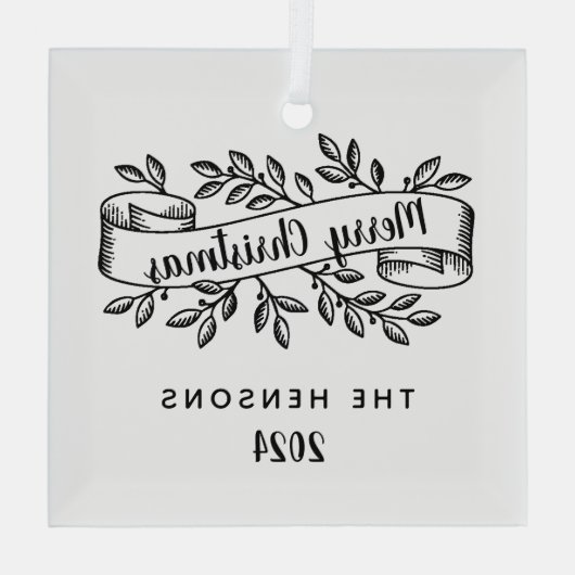 Merry Christmas Rustic Ribbon familienaam Glas Ornament (Achterkant)