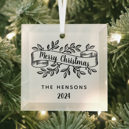 Merry Christmas Rustic Ribbon familienaam Glas Ornament (Insitu)