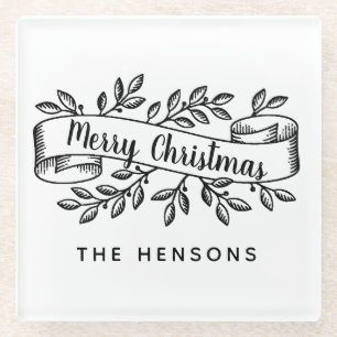 Merry Christmas Rustic Ribbon familienaam Glazen Onderzetter