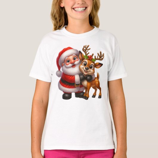 Merry Christmas Santa and Deer T-shirt (Voorkant)