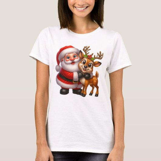 Merry Christmas Santa and Deer T-shirt (Voorkant)