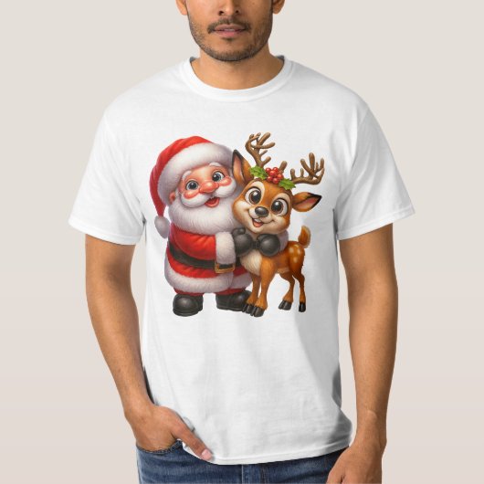 Merry Christmas Santa and Deer T-shirt (Voorkant)