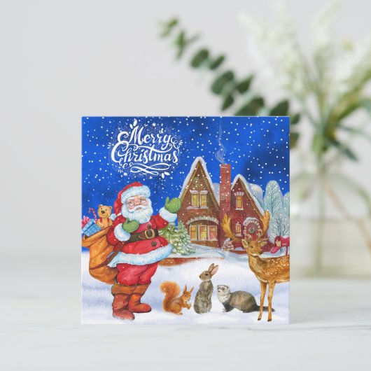 Merry Christmas Santa and Forest Animals  Feestdagenkaart (Staand voorkant)