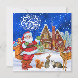Merry Christmas Santa and Forest Animals  Feestdagenkaart