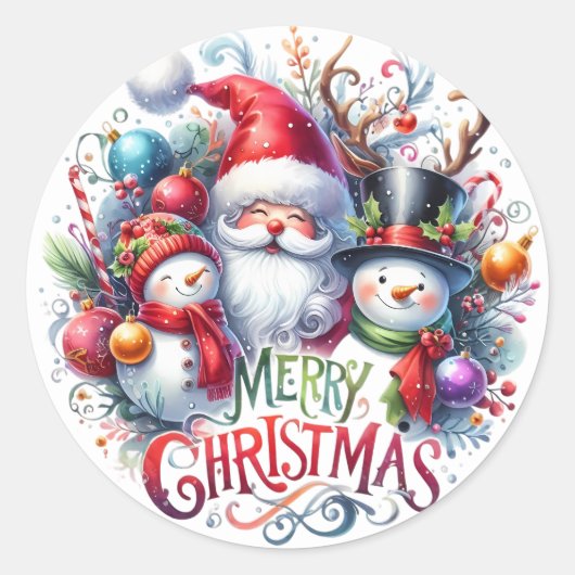 Merry Christmas Santa And Friends Ronde Sticker (Voorkant)