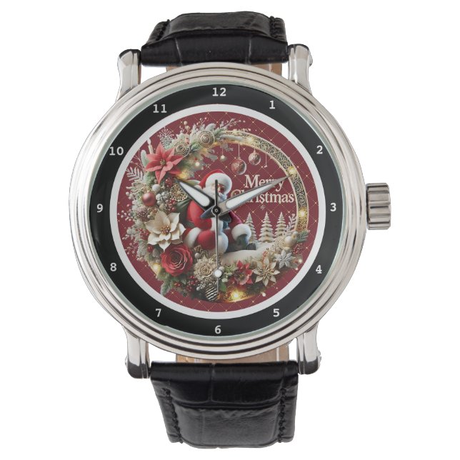 Merry Christmas Santa and Holiday Wreath Horloge (Voorkant)