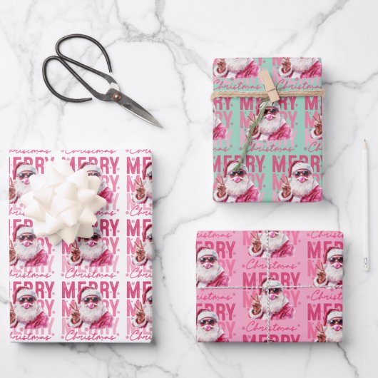 Merry Christmas Santa Blowing Bubble Gum Gift Wrap Inpakpapier Vel (Voorkant)
