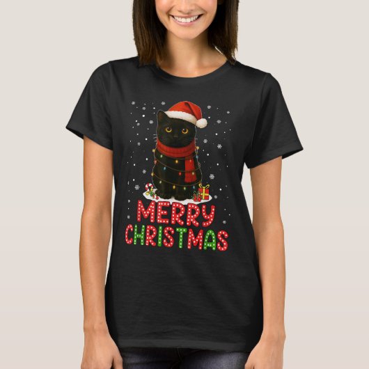 Merry Christmas Santa Hat Funny Black Cat Men Wome T-shirt (Voorkant)