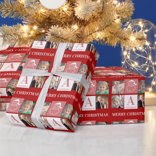 Merry Christmas Santa Monogram 4 foto's Cadeaupapier (Feestdagen)