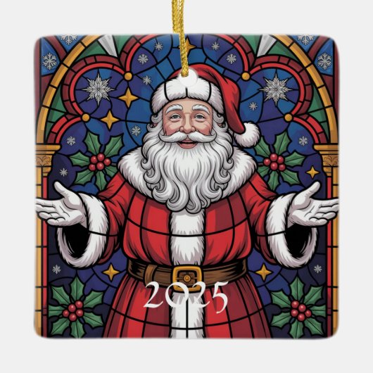 Merry Christmas Santa Stained Glass Design Keramisch Ornament (Voorkant)