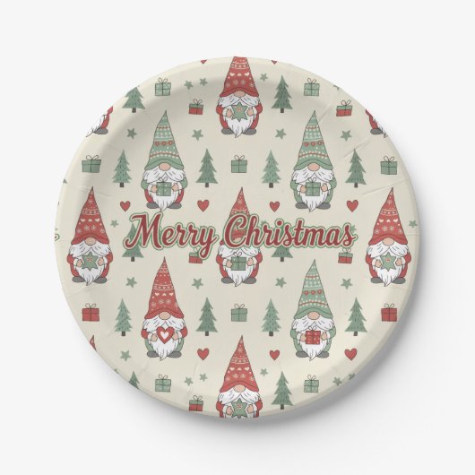 Merry Christmas Scandinavian Gnome Paper Plates Papieren Bordje (Voorkant)
