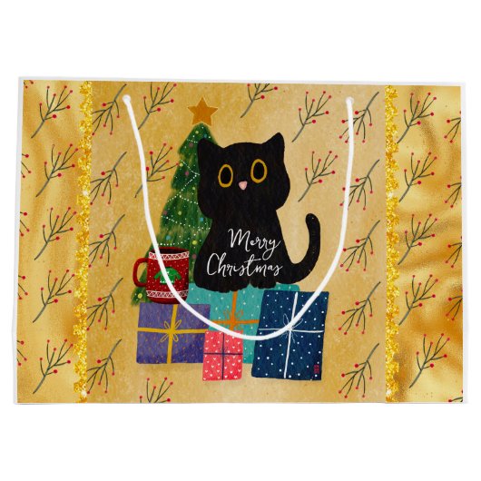 Merry Christmas Schattige Black Cat Coffee Sinaasa Groot Cadeauzakje (Achterkant)